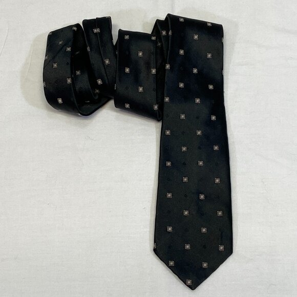 John Weitz Narrow Classic Tiny Geometric Print 3” Neck Tie Black Gold 80’s - Picture 2 of 7